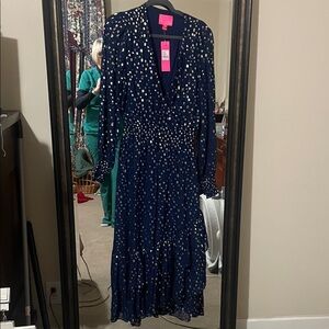 Lilly Pulitzer Navy and Gold Polka Dot Long Sleeve I Dress
